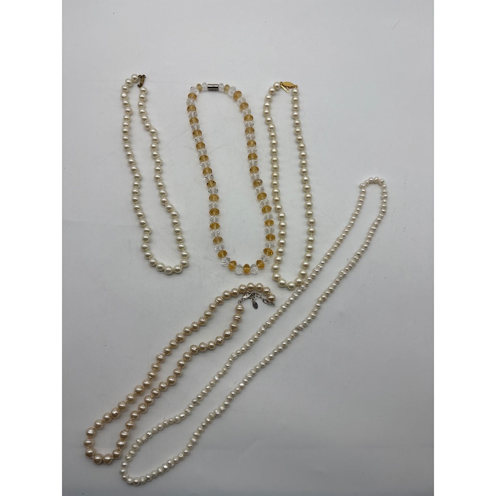 Lot of 5 Faux Pearl and Faceted Bead Necklaces Gold Tone Magnetic Clasp J270